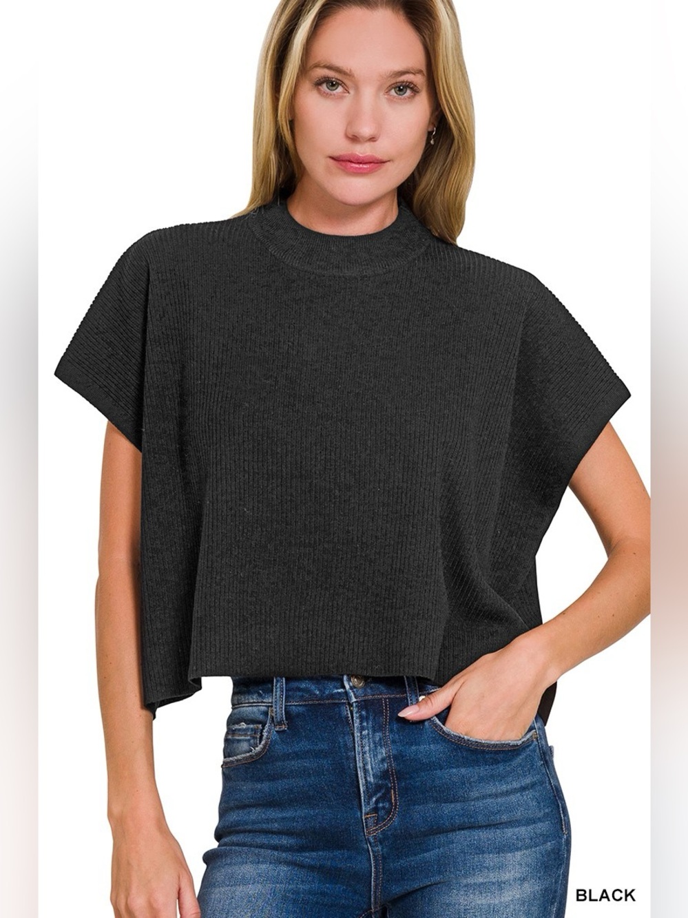 Zenana Viscose Mock Neck Short Sleeve Boxy Sweater